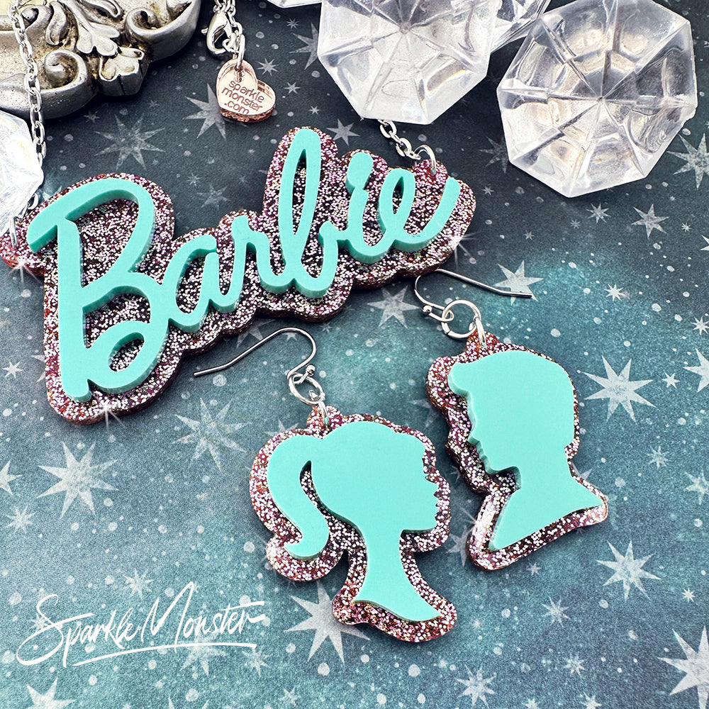 Retro Doll necklace, earrings or jewelry set, turquoise on pink glitter