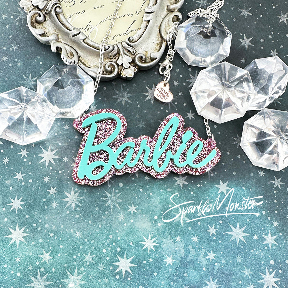 Retro Doll necklace or earrings, turquoise on pink glitter