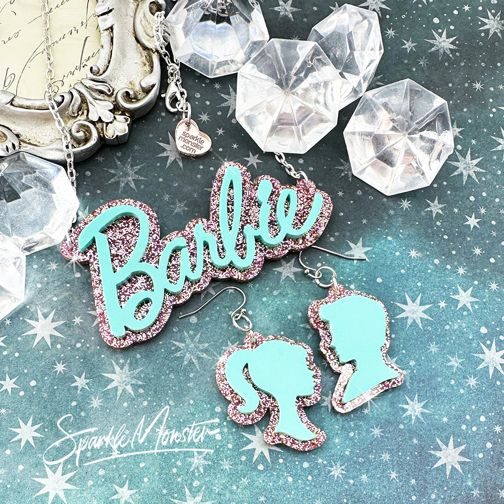 Retro Doll necklace, earrings or jewelry set, turquoise on pink glitter