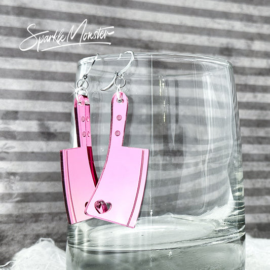 Love Kills, pink mirror laser cut acrylic cleaver earrings