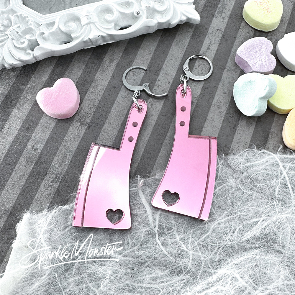 Love Kills, pink mirror laser cut acrylic cleaver earrings