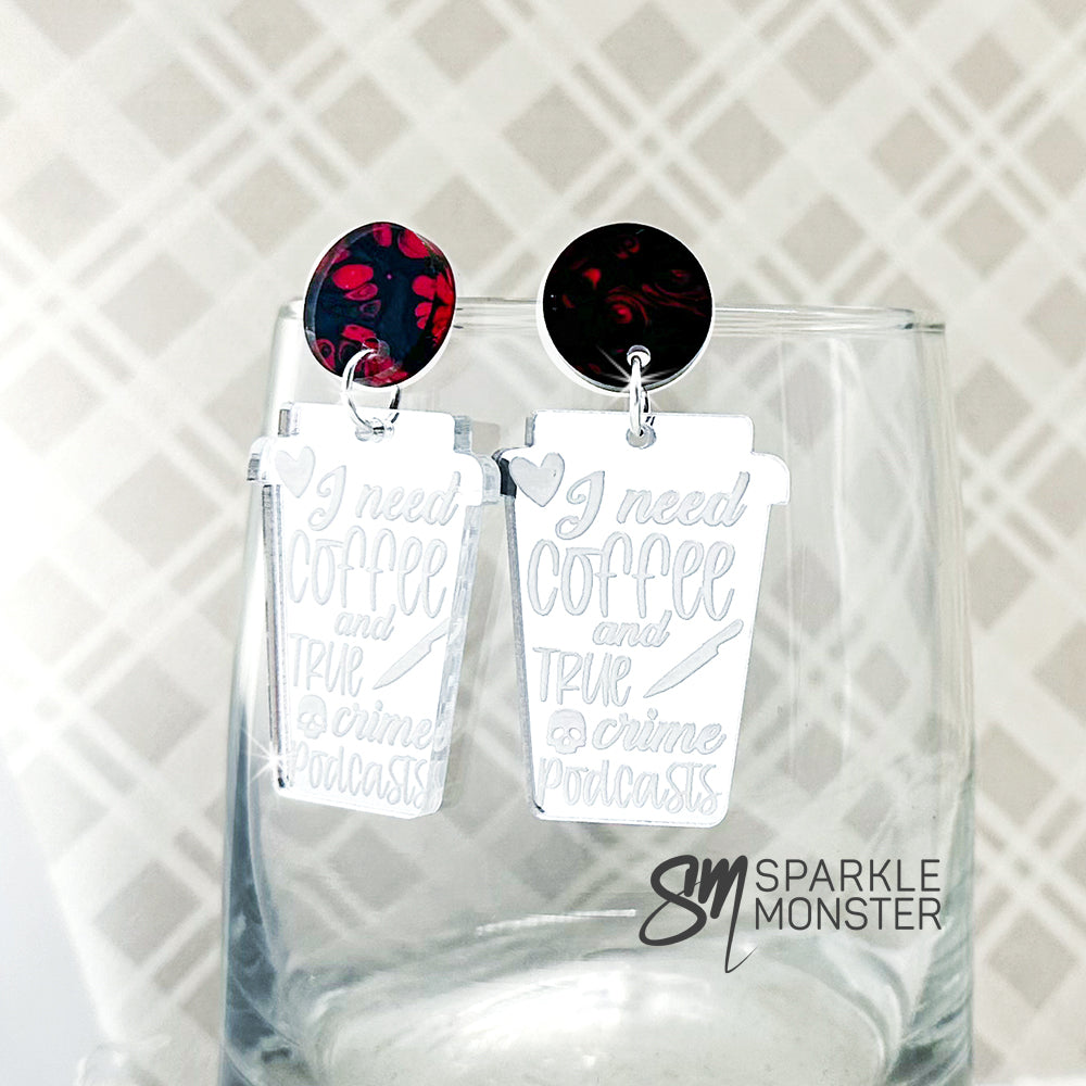 Coffee and True Crime dangle earrings