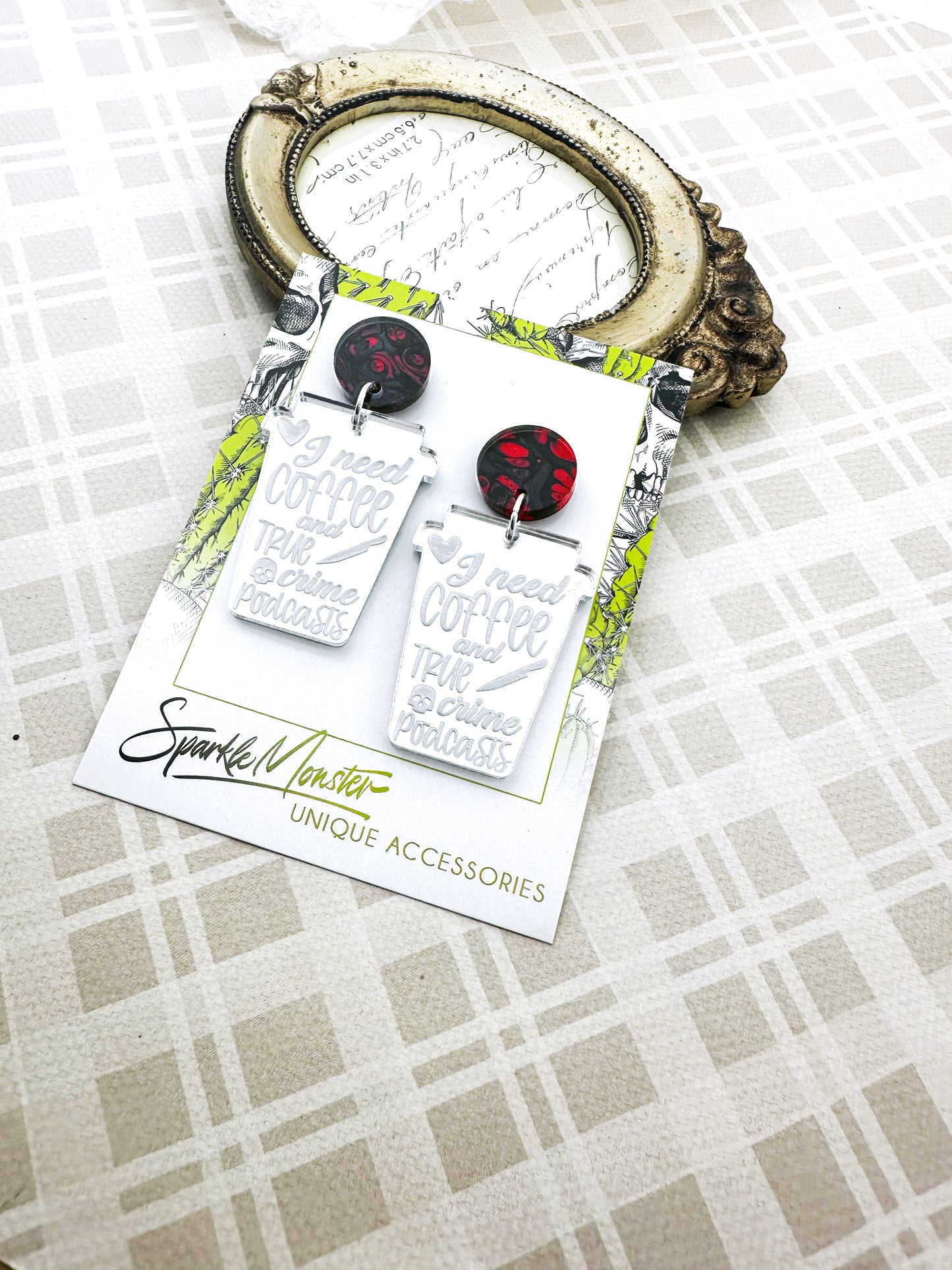 Coffee and True Crime dangle earrings