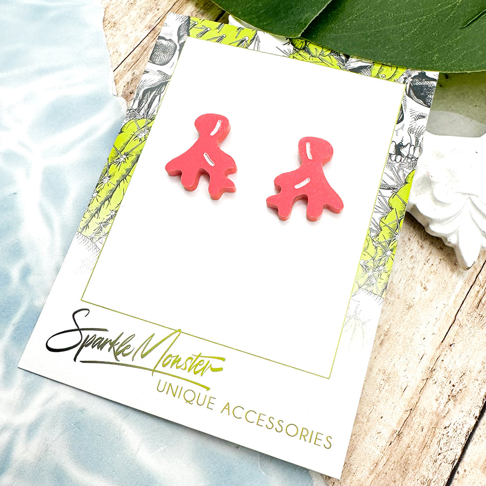 Coral stud earrings, dark pink