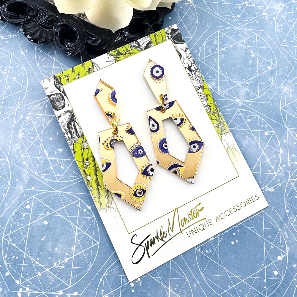 SALE Everyday Art Deco dangle earrings, Evil Eye pattern