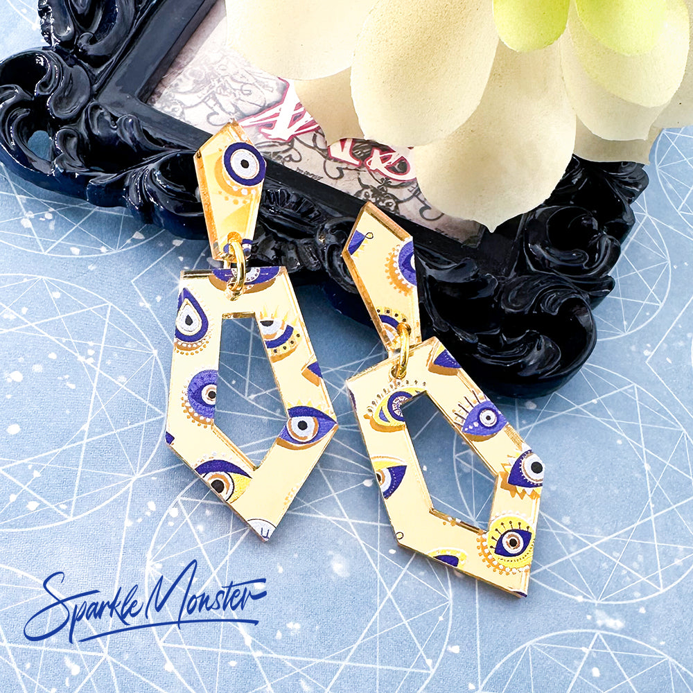 SALE Everyday Art Deco dangle earrings, Evil Eye pattern
