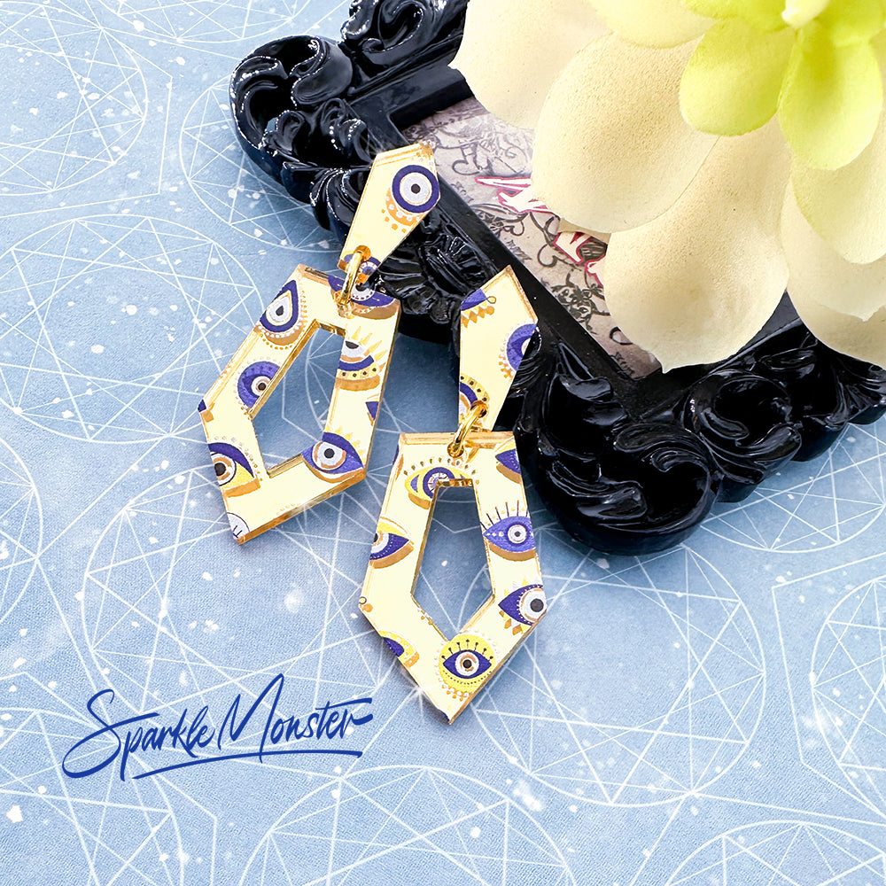 SALE Everyday Art Deco dangle earrings, Evil Eye pattern