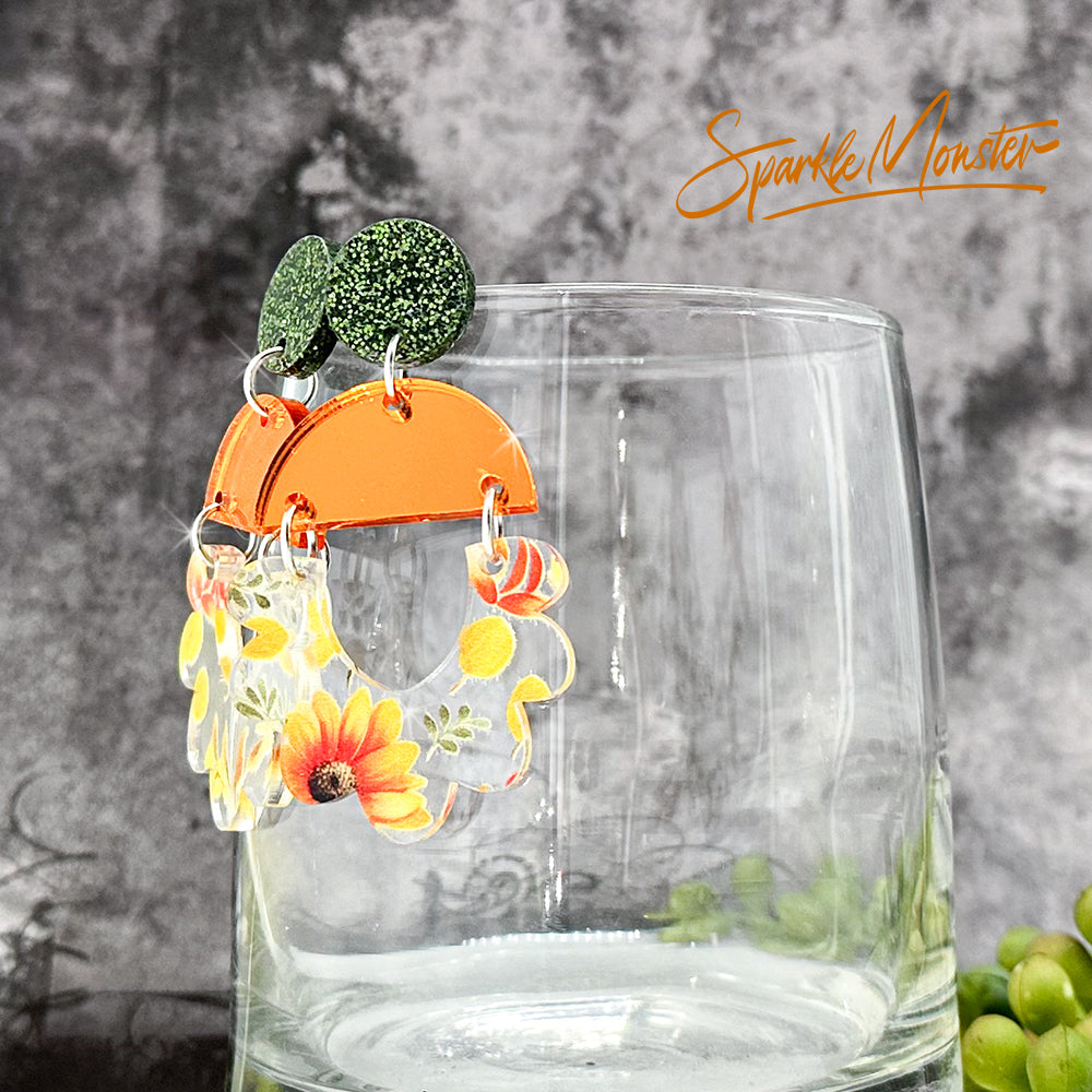 Flora dangle earrings in Autumn florals and orange mirror