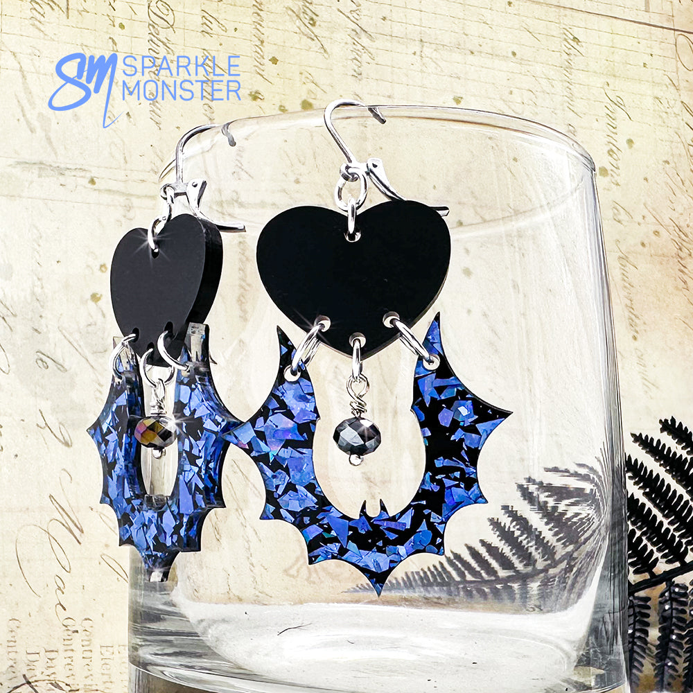 Goth Bats and Hearts dangle earrings, blue glitter