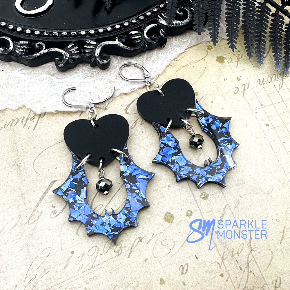 Goth Bats and Hearts dangle earrings, blue glitter