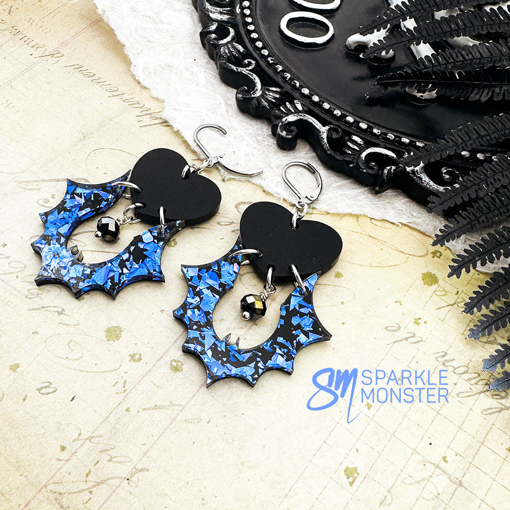 Goth Bats and Hearts dangle earrings, blue glitter
