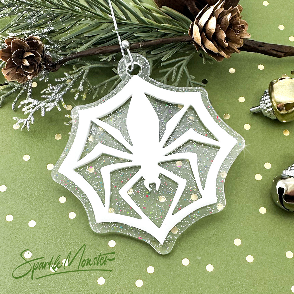 Jack's Spider Snowflake ornament, laser cut acrylic