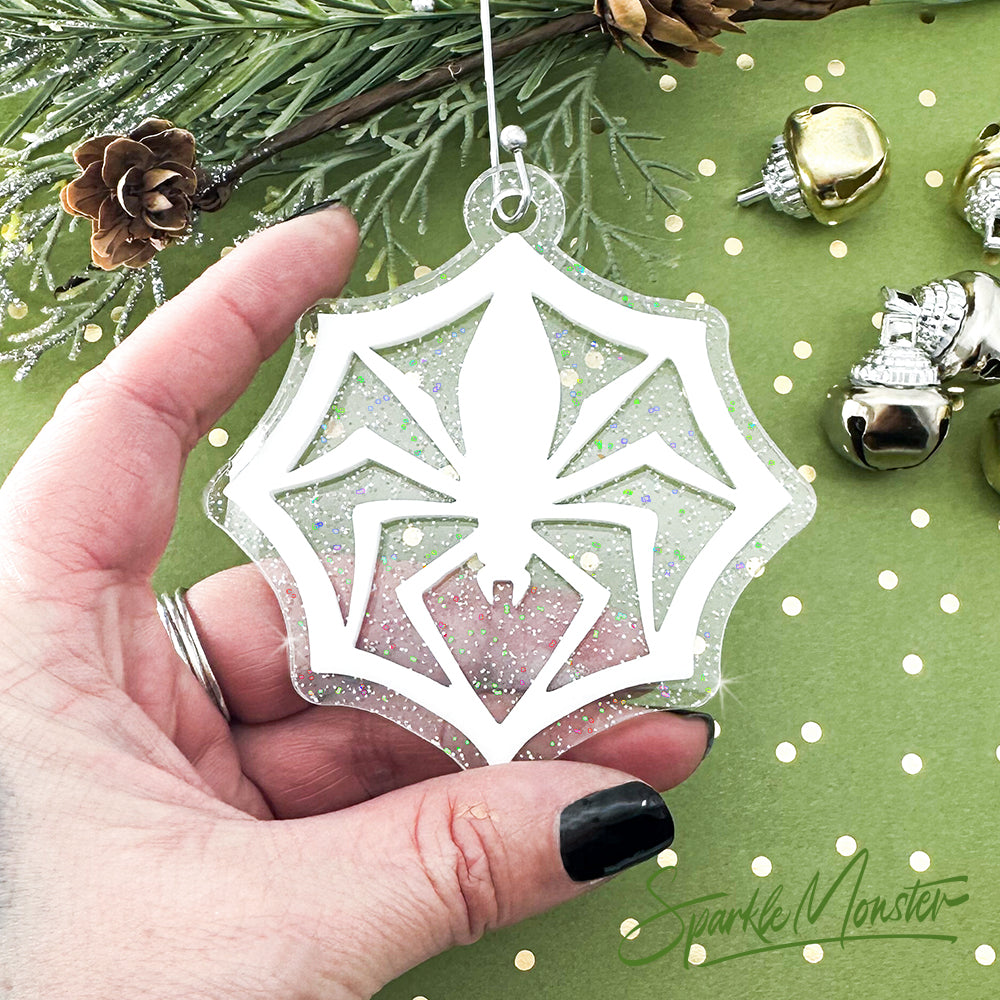 Jack's Spider Snowflake ornament, laser cut acrylic