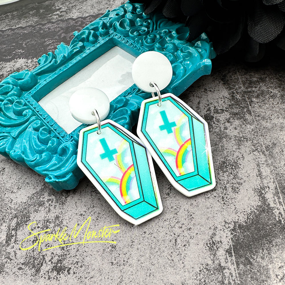 Kawaii Coffins, acrylic dangle earrings