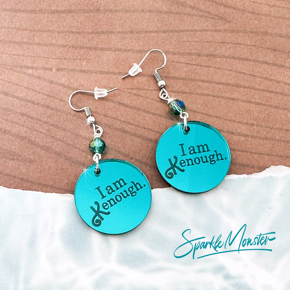 I Am K enough dangle earrings, teal blue crystals