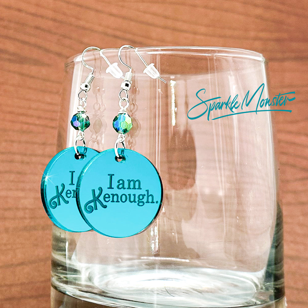 I Am K enough dangle earrings, teal blue crystals