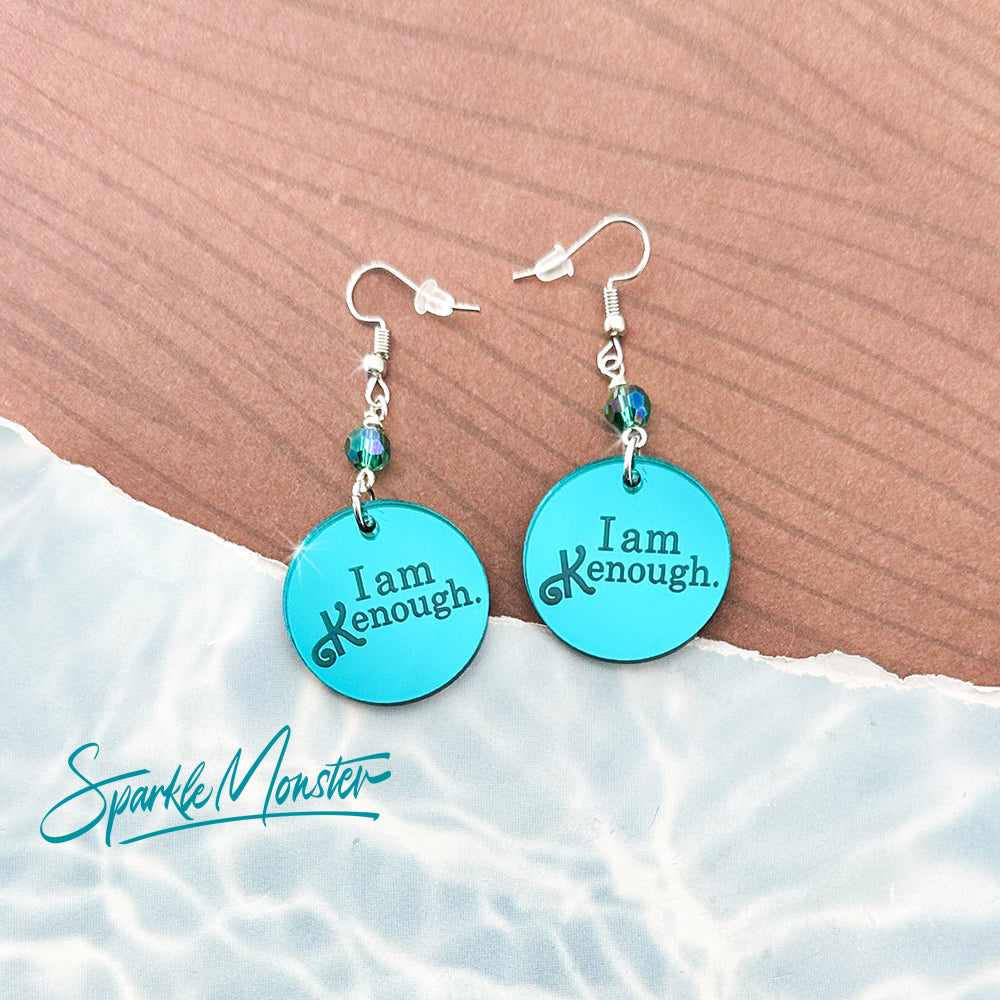 I Am K enough dangle earrings, teal blue crystals