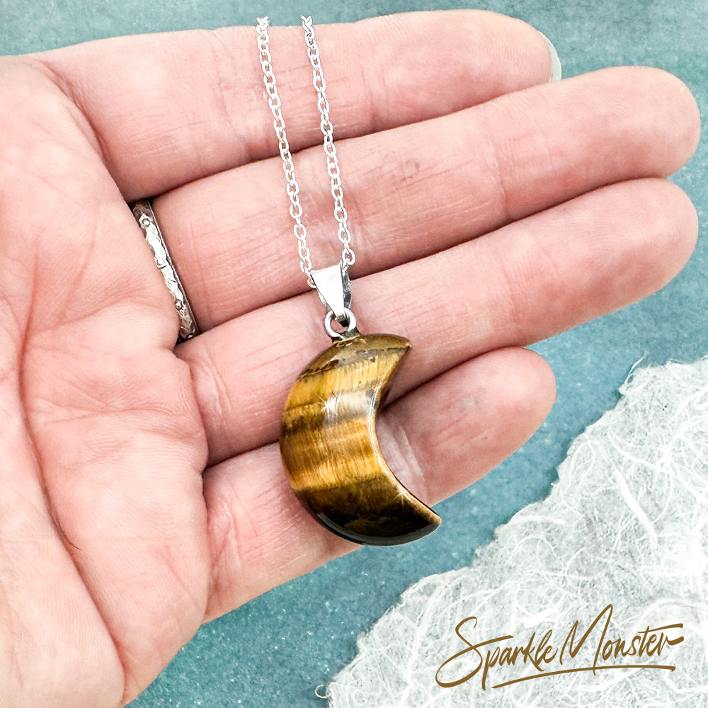 SALE Tiger Eye Moon Pendant, sterling silver necklace