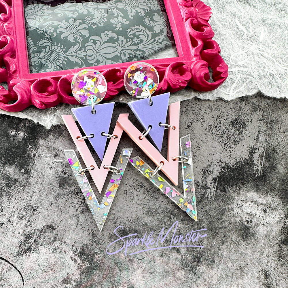 Nagel dangle earrings in confetti glitter, lavender and pink