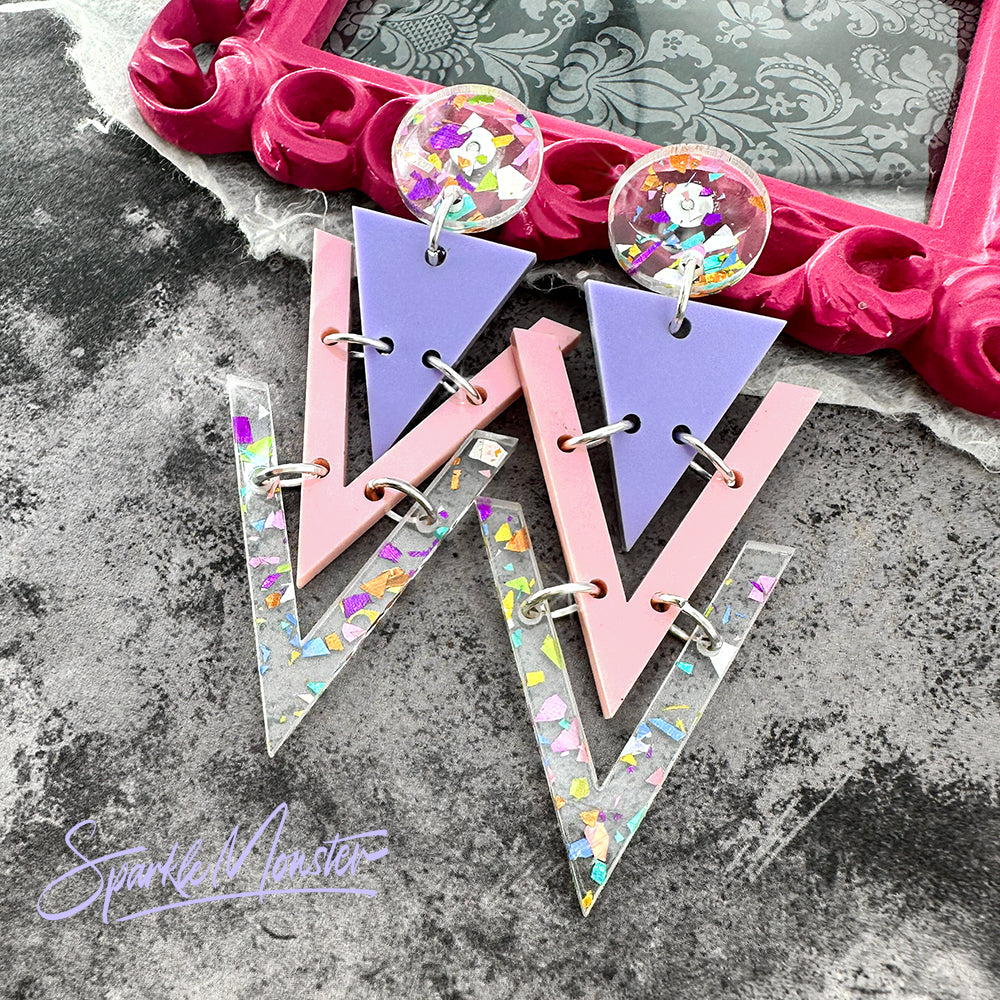 Nagel dangle earrings in confetti glitter, lavender and pink
