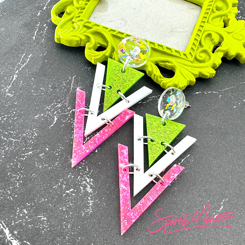 Nagel dangle earrings in lime green and hot pink