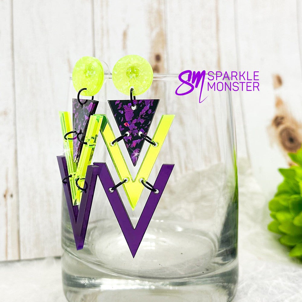 Nagel dangle earrings, purple and green