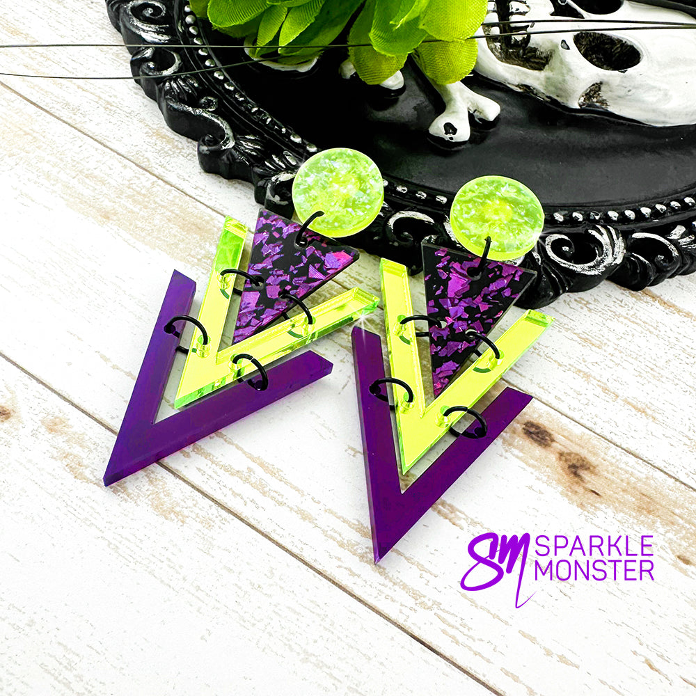 Nagel dangle earrings, purple and green