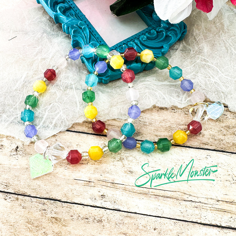 Rainbow gemstone stretch bracelet, gold or silver spacer beads, PRIDE donation
