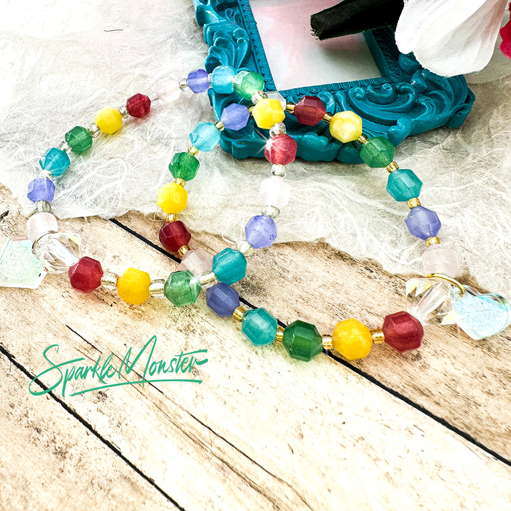 Rainbow gemstone stretch bracelet, gold or silver spacer beads, PRIDE donation