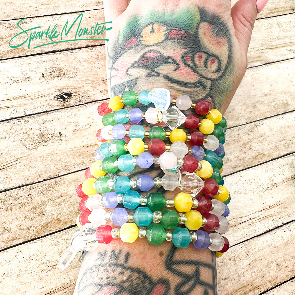 Rainbow gemstone stretch bracelet, gold or silver spacer beads, PRIDE donation