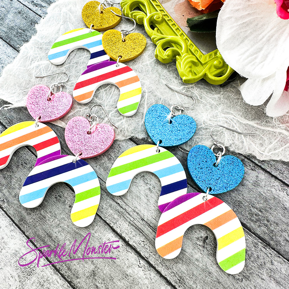 Rainbows and Hearts, laser cut acrylic earrings