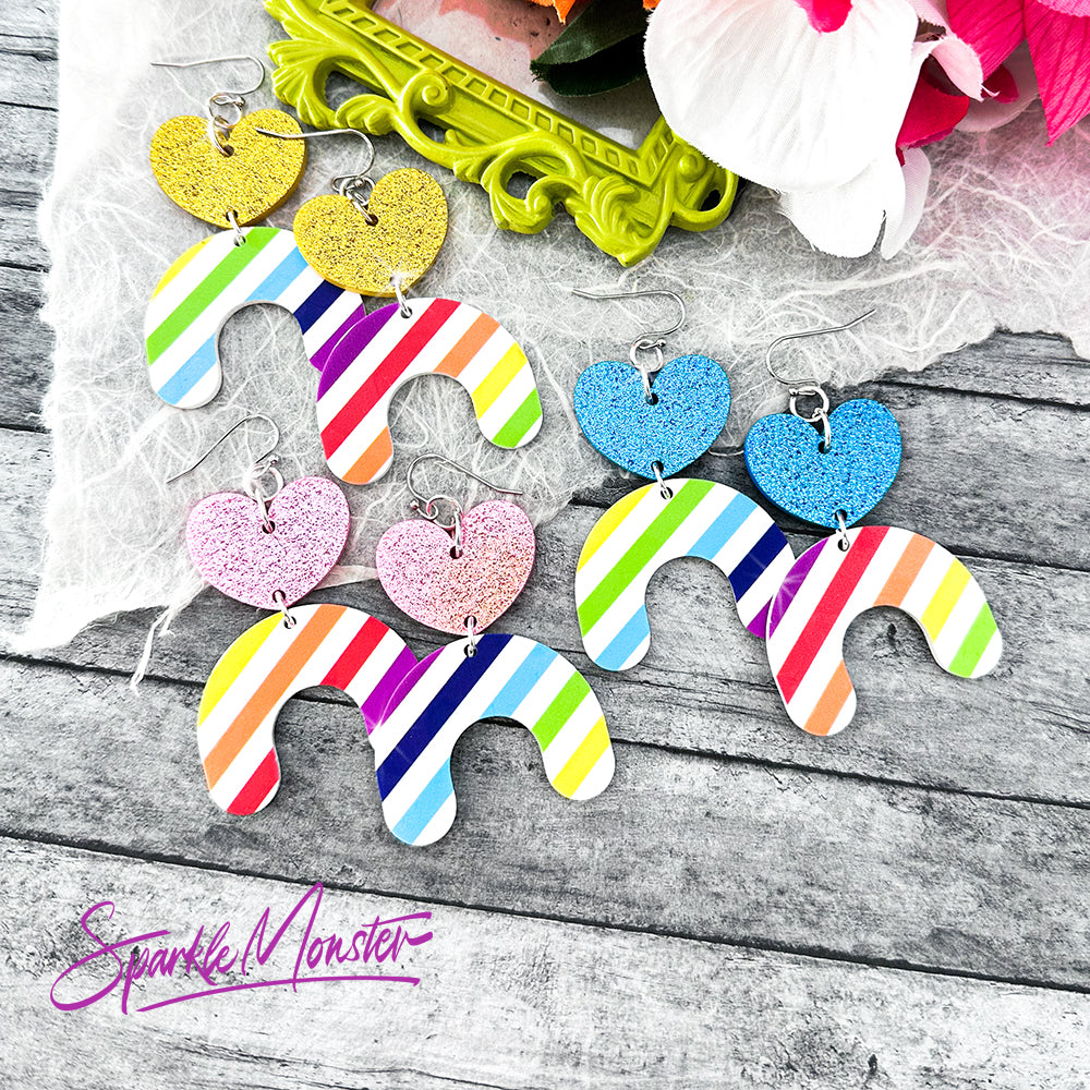 Rainbows and Hearts, laser cut acrylic earrings