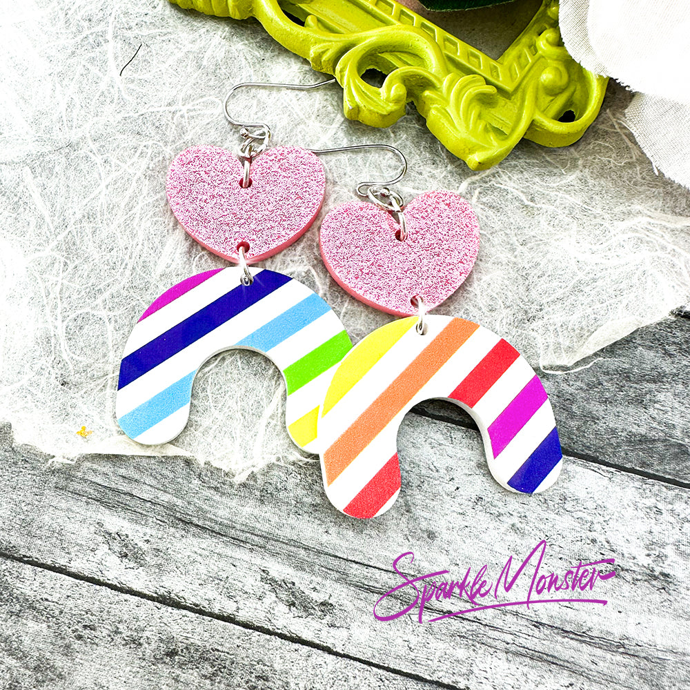 Rainbows and Hearts, laser cut acrylic earrings