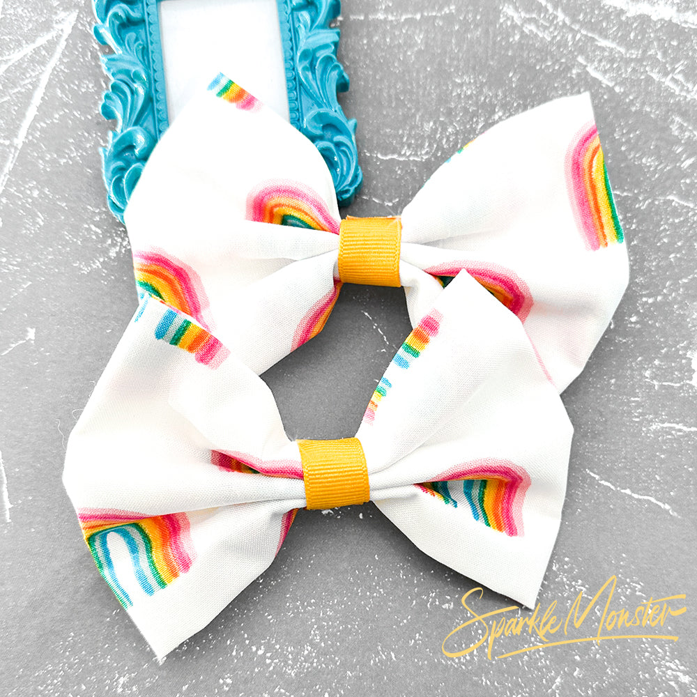 Rainbows fabric hairbow, super cute, metal alligator clip, PRIDE donation