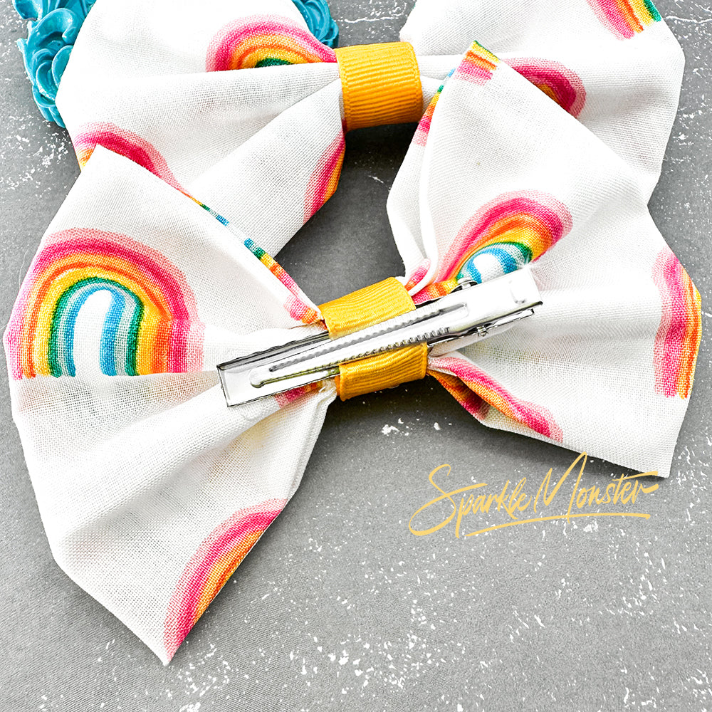 Rainbows fabric hairbow, super cute, metal alligator clip, PRIDE donation