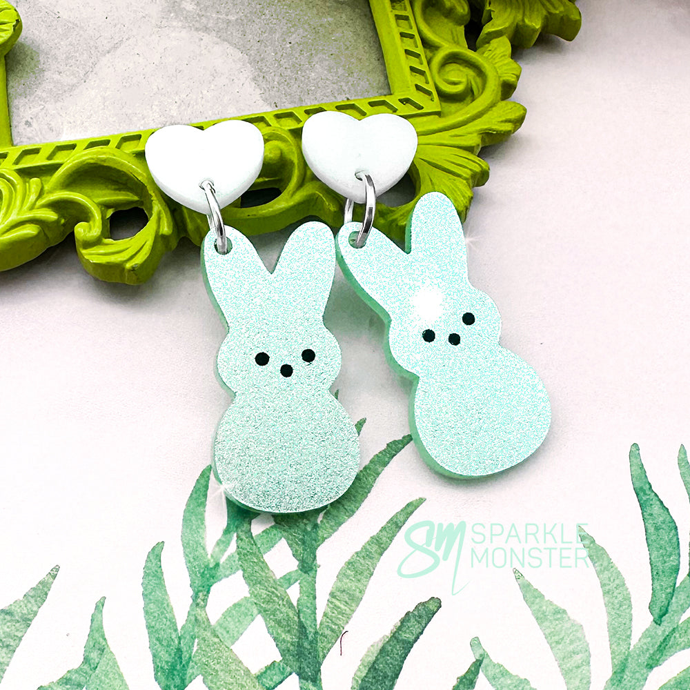 Marshmallow Bunny dangle earrings, shimmer green