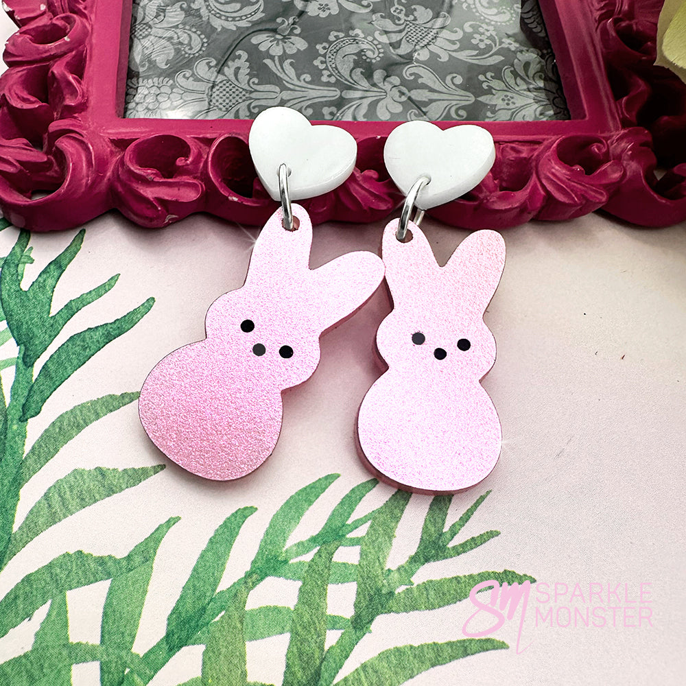 Marshmallow Bunny dangle earrings, shimmer pink