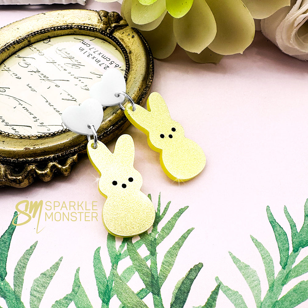 Marshmallow Bunny dangle earrings, shimmer yellow