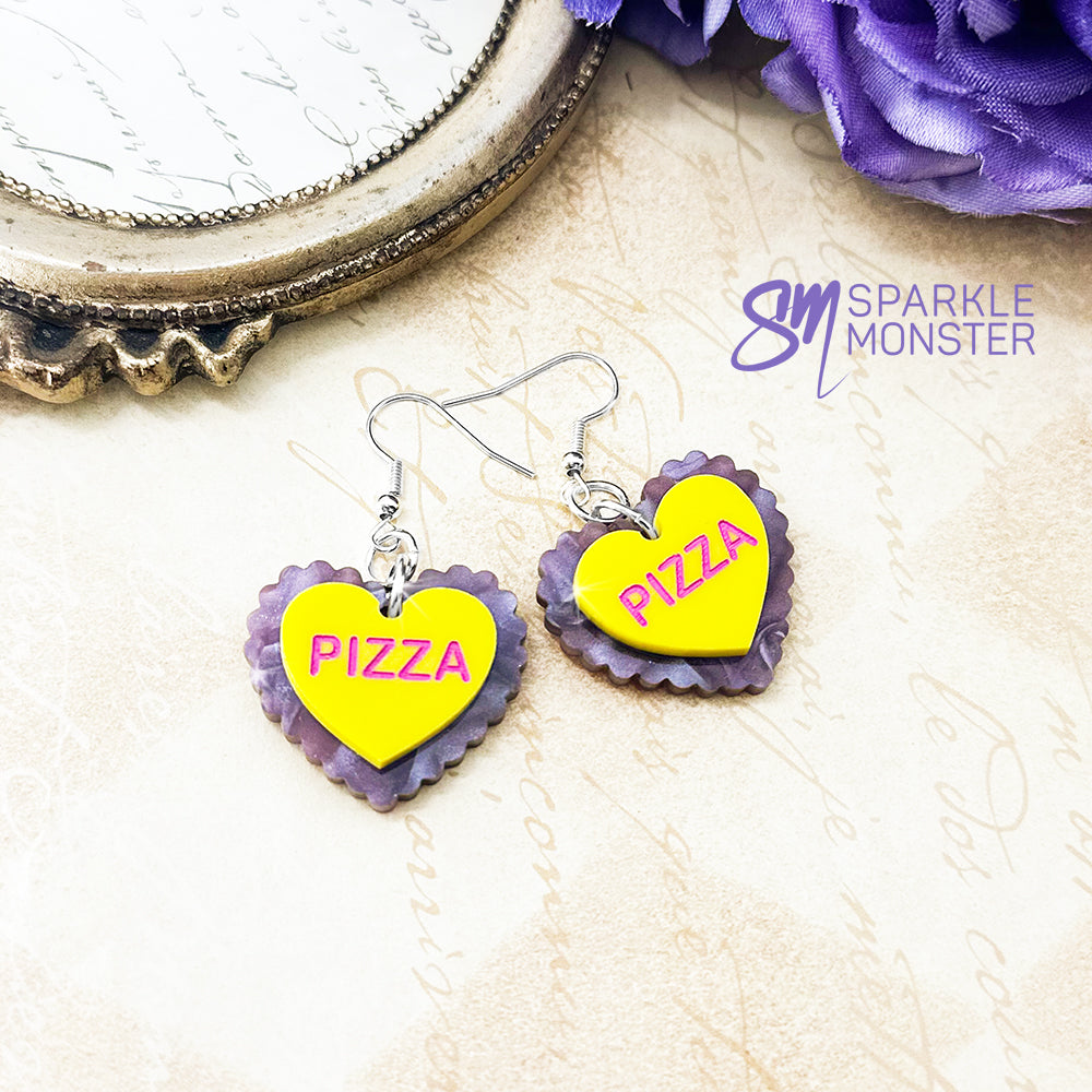Pizza Love, candy heart earrings