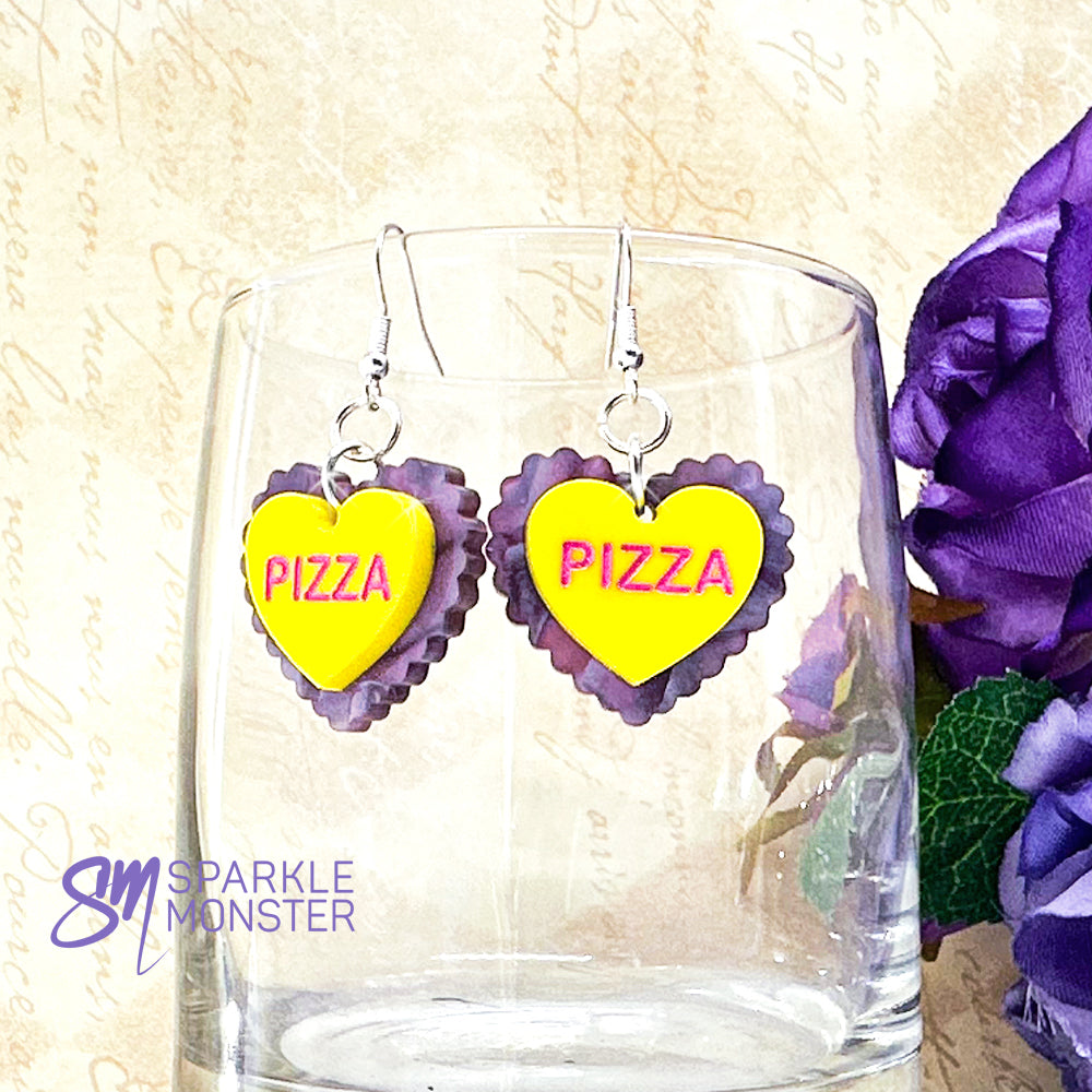 Pizza Love, candy heart earrings