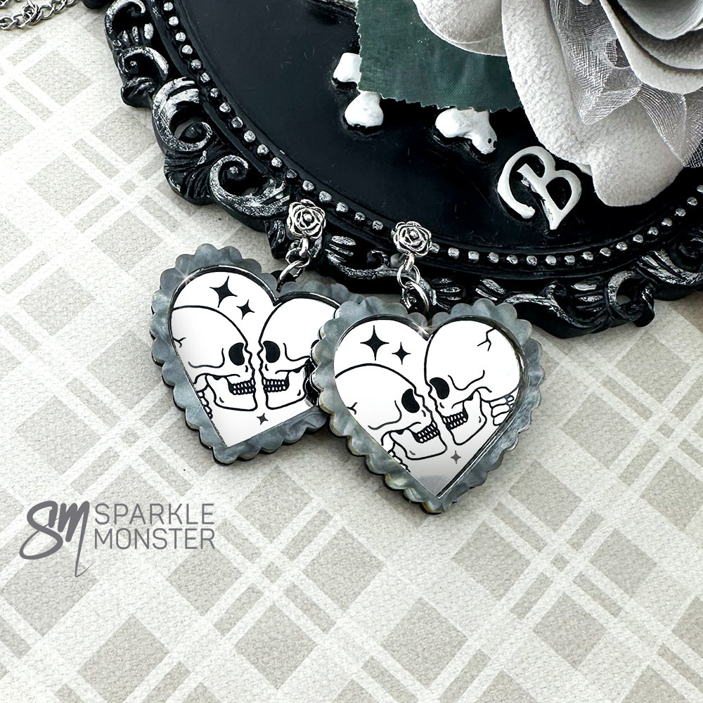 Til Death Do Us Part, heart dangle earrings, pearl gray