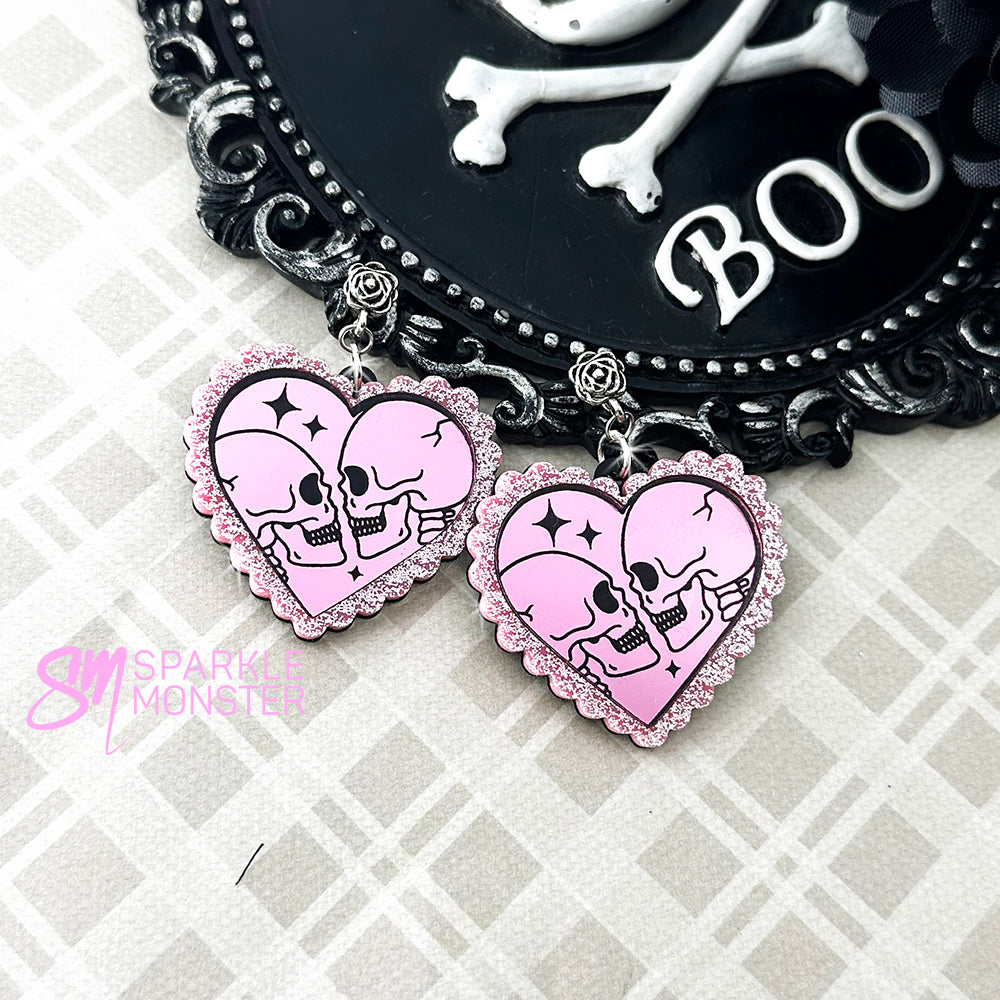 Til Death Do Us Part, heart dangle earrings, pink glitter