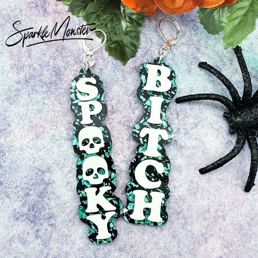 Spooky B*tch dangle earrings, laser cut acrylic, turquoise confetti glitter