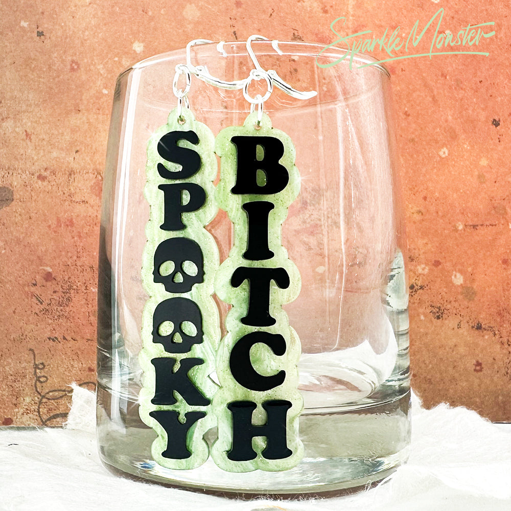 Spooky B*tch dangle earrings, laser cut acrylic, lime green