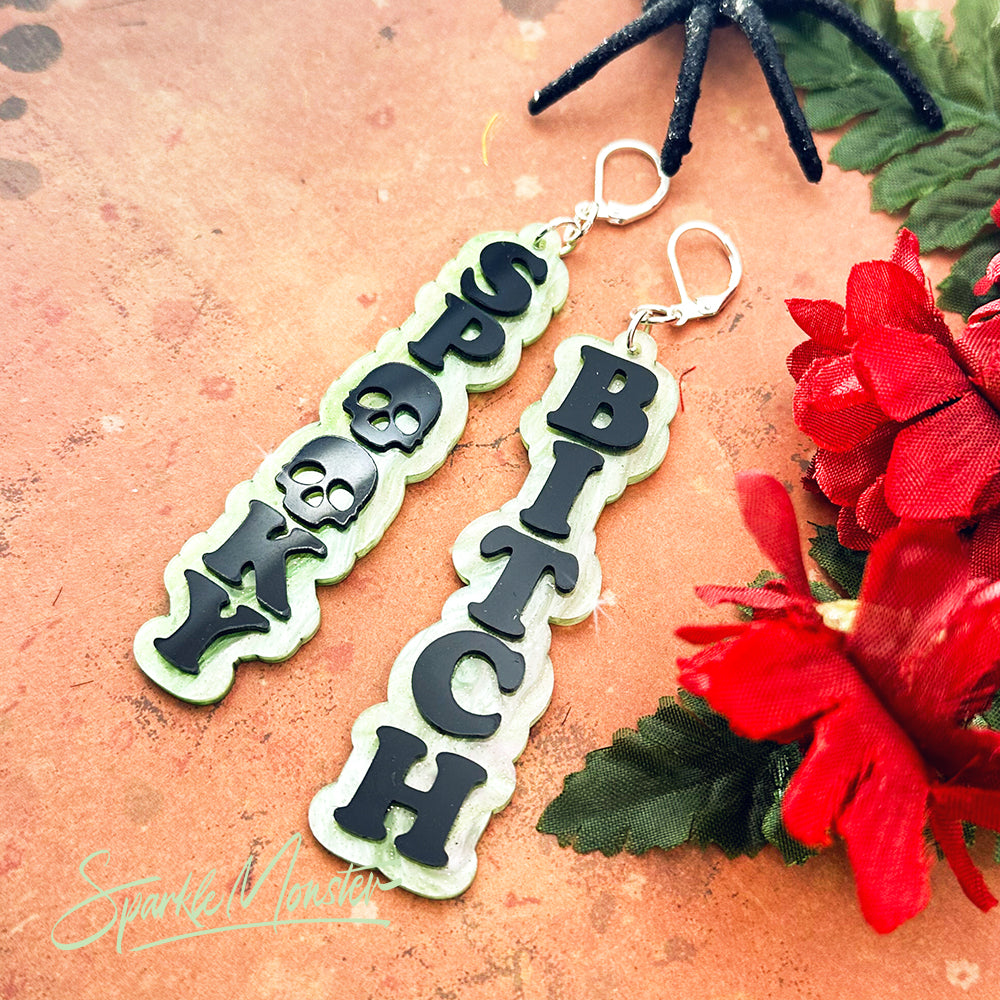 Spooky B*tch dangle earrings, laser cut acrylic, lime green