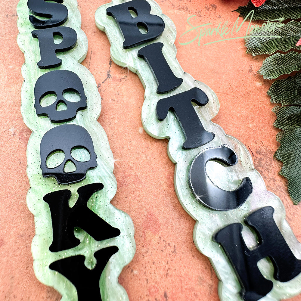 Spooky B*tch dangle earrings, laser cut acrylic, lime green