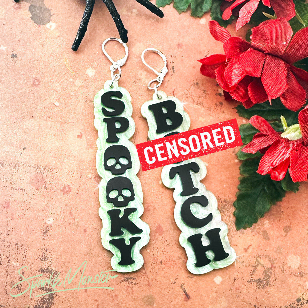 Spooky B*tch dangle earrings, laser cut acrylic, lime green