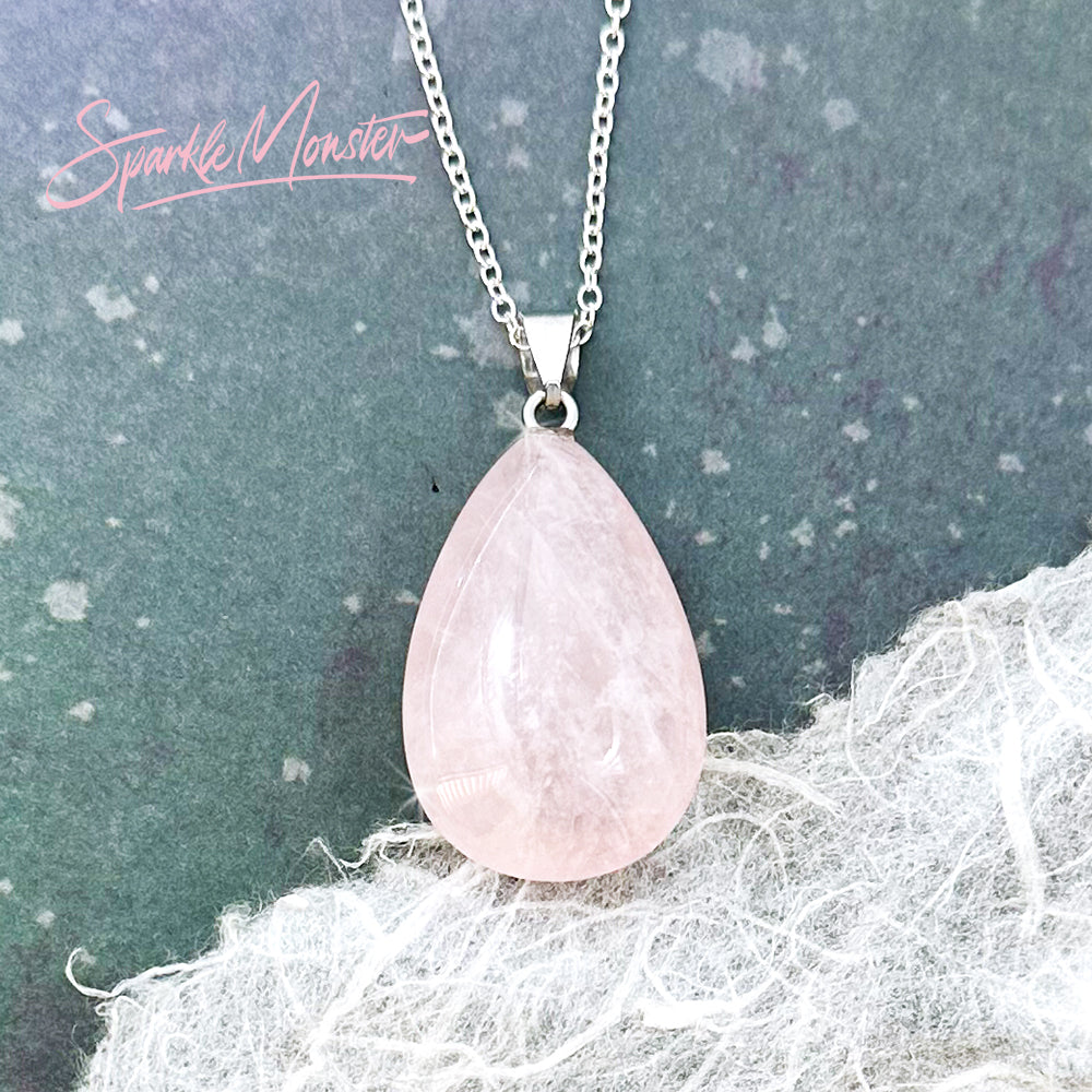 Rose Quartz Teardrop SS Plated .925 Necklace