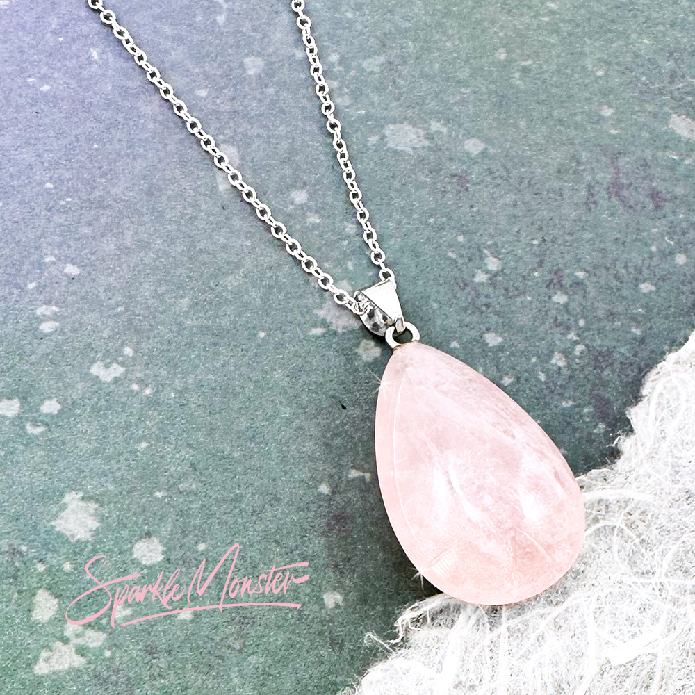 Rose Quartz Teardrop SS Plated .925 Necklace