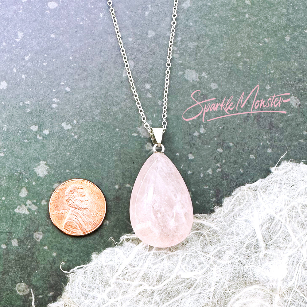 Rose Quartz Teardrop SS Plated .925 Necklace